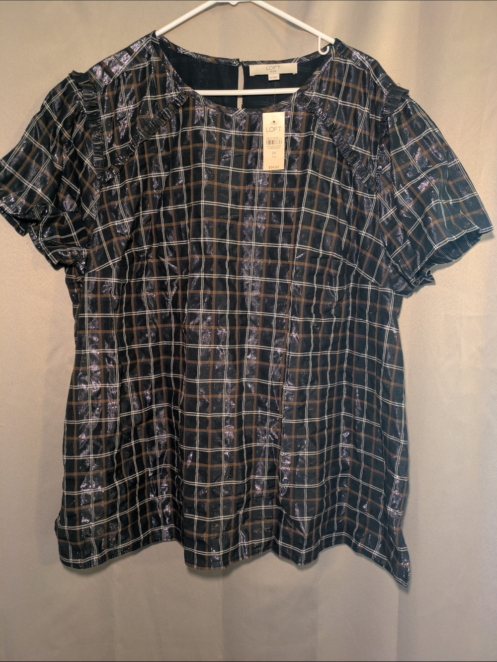 LOFT Black Plaid Short Sleeve Blouse